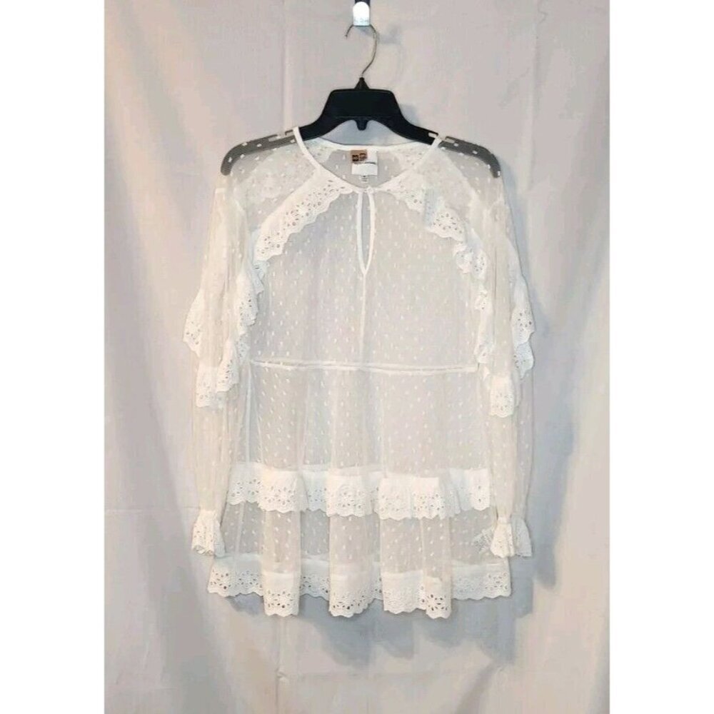 Skylar + Madison Sheer Embroidered Eyelet Ruffle Tunic Cover-Up White Size M